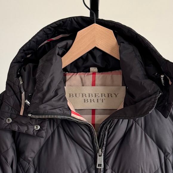Burberry Black Quilted Goose Down Hood Belted Coat Small Nova Check Lined Jacket - Picture 5 of 5
